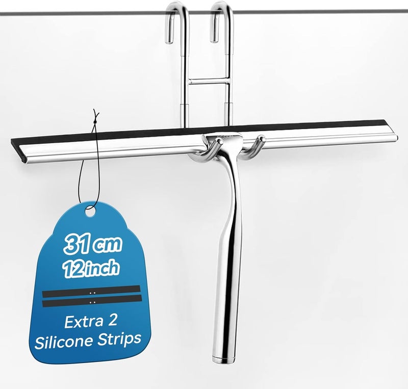 ecooe Stainless Steel Shower Squeegee with Hook, 12″ Shower Glass Cleaner Wiper Scraper with 2 Replacement Blade Window Squeegee for Home Bathroom Kitchen Car Glass Doors - Image 1